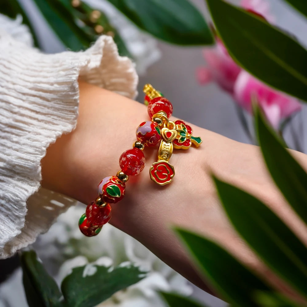 Feng Shui Bracelet - Red Glass Beads with Ruyi & Butterfly Charms
