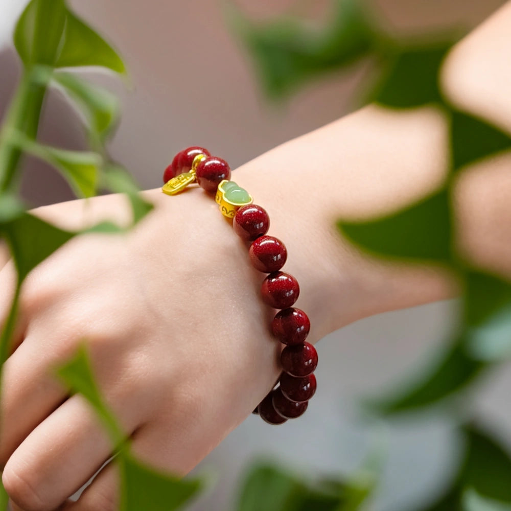 Cinnabar Bead Bracelet with "Fu" Plaque & Gourd Charm - Good Fortune & Protection